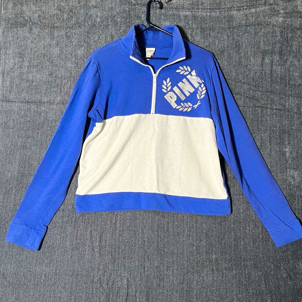 Victoria's Secret PINK Sweatshirt Womens M Blue White Colorblock 1/4 Zip